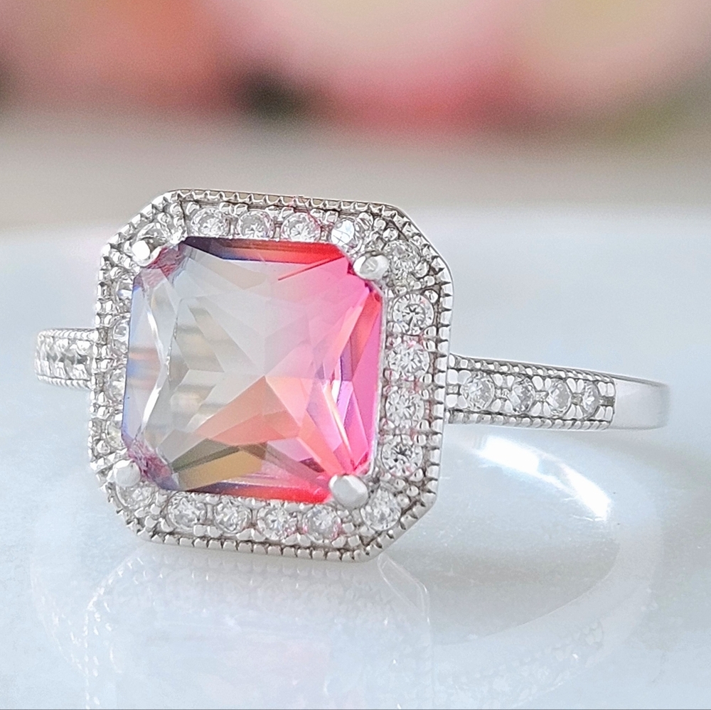 Emerald cut peach and pink gemstone ring, 925 Sterling Silver Charmed Aroma